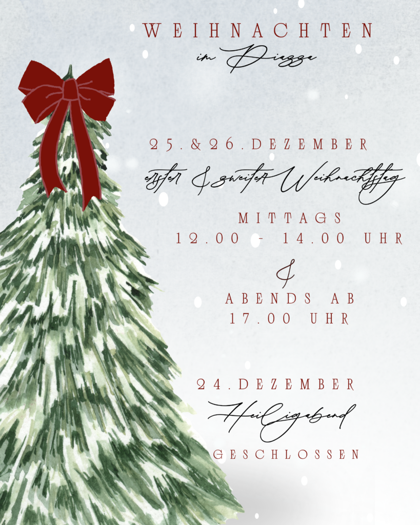 Liebe Gäste,

am ersten und zweiten Weihnachtstag sind wir mittags von 12 bis 14 Uhr sowie abends ab 17 Uhr für Sie da.

An Heiligabend bleibt unser Haus geschlossen.

Reservierungen nehmen wir gerne telefonisch unter 06155 3949 entgegen.

Wir wünschen Ihnen und Ihren Liebsten besinnliche Feiertage und eine wunderschöne Weihnachtszeit.